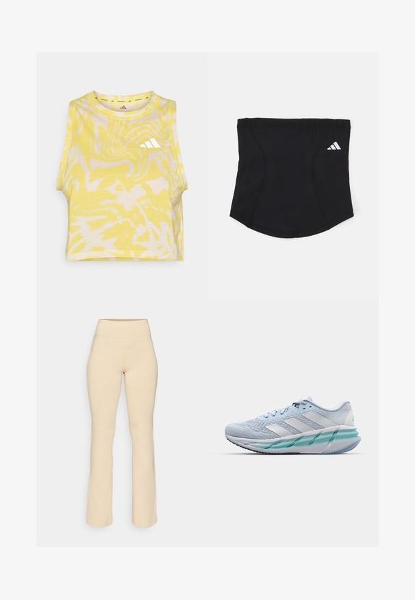 Yellow sleeveless crop top with abstract white pattern, round neckline, and subtle logo detail in white on the front. Soft fabric texture.; Beige flared leggings with a high waistband, made from soft, stretchy fabric. Smooth texture, no visible patterns or hardware details.; Light blue athletic shoes with a textured knit upper, white accents, and a transparent green midsole. Rounded toe and padded collar.; Black athletic headband with a smooth texture, curved shape, and elastic top. Features a small white Adidas logo on the side.
