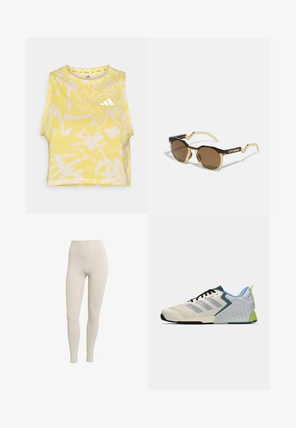 Žlutý bezrukávový crop top s abstraktním bílým vzorem, kulatým výstřihem a jemným detailem loga v bílé barvě na přední straně. Měkká textilie.; Krémové legíny vyrobené z elastického materiálu s vysokým pasem. Hladký povrch, přiléhavý design, bez viditelných vzorů nebo kovových prvků.; Lehké sportovní boty s krémovou síťovinovou svrchní částí, šedými pruhy, zeleným akcentem a texturovaným modrým patním kontrastem. Černé tkaničky.; Hnědé kulaté sluneční brýle s želvovinovým a světlým žlutým transparentním rámem, ostré nožky a texturované detaily na spáncích.