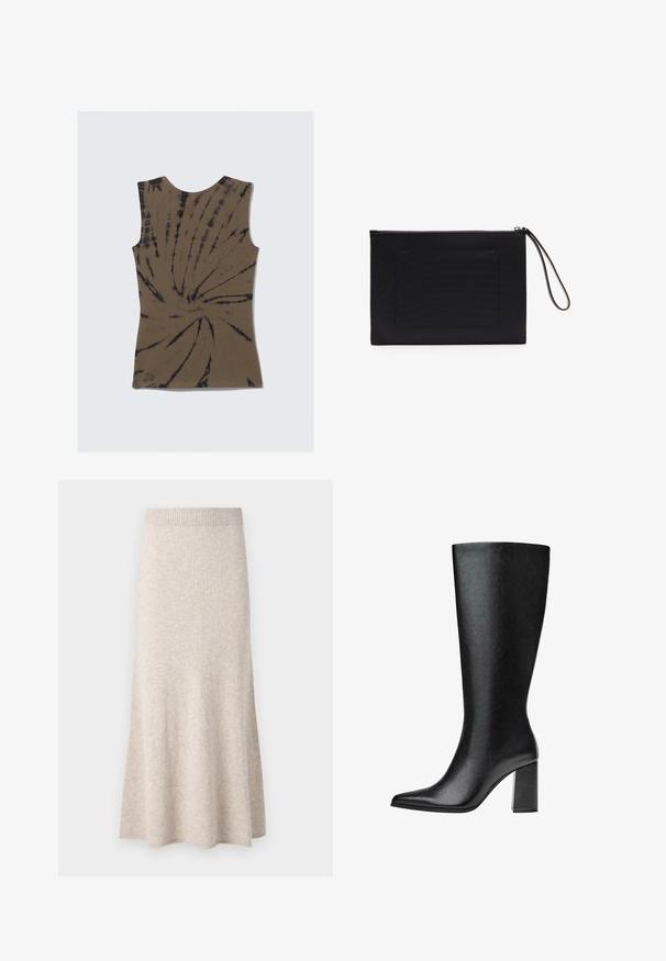 Bruine mouwloze top met een tie-dye patroon met zwarte wervelingen. Gemaakt van zachte stof, heeft het een ronde halslijn en een aansluitende pasvorm.; Lichtbeige gebreide rok met een geribde tailleband, uitlopende A-lijnvorm en zachte textuur, met subtiele variaties in de stof.; Zwarte laars tot de knie van faux leer met een spitse neus, een gladde textuur en een chunky blokhak. Minimalistisch ontwerp zonder zichtbare accenten.; Zwarte clutch gemaakt van textuurstof met een rechthoekige vorm, voorzien van een ritssluiting en een polsband. Inclusief een voorvak.