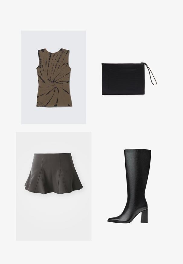 Top maro fără mâneci cu un model tie-dye, prezentând spirale negre. Fabricat dintr-un material moale, are un decolteu rotund și o formă ajustată.; Fustă neagră cu evazare, cu talie ajustată, având cusături verticale și o textură netedă. La baza fustei, marginea este ușor curbată și se situează deasupra coapsei.; Bot negre până la genunchi, realizat din piele ecologică, cu vârf ascuțit, textură netedă și toc gros. Design minimalist fără accente vizibile.; Geantă de umăr neagră, realizată dintr-un material texturat, cu o formă rectangulară, având închidere cu fermoar și o curea pentru încheietura mâinii. Include un buzunar frontal.