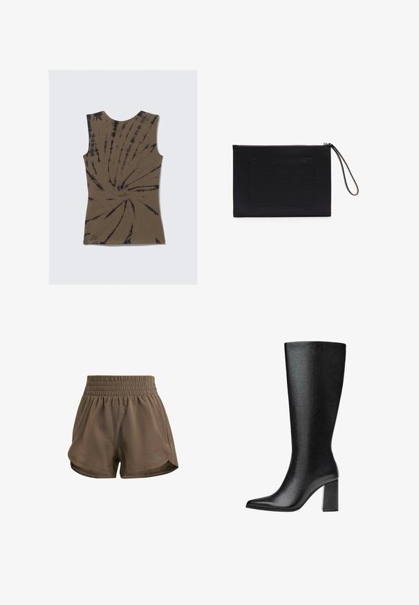 Top senza maniche marrone con un motivo tie-dye caratterizzato da vortici neri. Realizzato in tessuto morbido, presenta un collo rotondo e una forma aderente.; Pantaloni sportivi marroni con vita elastica, caratterizzati da una vestibilità rilassata, fessure laterali e un logo del marchio discreto nell'angolo inferiore.; Stivale nero al ginocchio realizzato in pelle sintetica, con punta affusolata, texture liscia e tacco a blocco spesso. Design minimalista senza decorazioni visibili.; Borse a mano nera realizzata in tessuto texturizzato con forma rettangolare, dotata di chiusura a zip e tracolla. Include una tasca frontale.