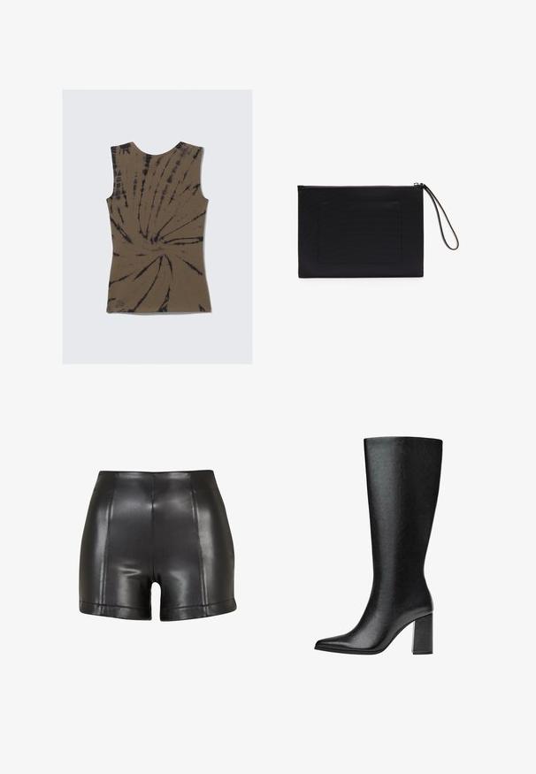 Brun ärmlös topp med ett tie-dye mönster som har svarta virvlar. Tillverkad av mjukt tyg, har den rund halslinning och en figurnära passform.; Svart fusk skinnshorts med hög midja, slät textur och synlig sömnad längs framsidan och nederkanten.; Svart knähög stövel i faux läder med spetsig tå, slät yta och kraftig blockklack. Minimalistisk design utan synliga detaljer.; Svart clutch-väska tillverkad av texturerad tyg med rektangulär form, med dragkedjestängning och handledsrem. Inkluderar en framficka.