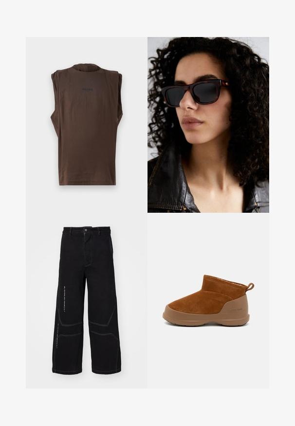 Rudas be rankovių marškinėlis, pagamintas iš švelnios medžiagos. Su apvalia iškirpte ir žodžiu "TYLA" atspausdintu ant nugaros tamsiomis raidėmis.; Juodi plačios kojos džinsai, pagaminti iš džinsinio audinio, su kontrastingomis baltomis siūlėmis ir geometrinėmis detalėmis. Priekyje užsegamas mygtuku su kišenėmis.; Ruda nubuko kulkšnė su rudų guminių padų, kuri turi paprastą dizainą, apvalią noselę ir mažą nugarinę kilpą.; Vėžlio kiauto saulės akinių rėmeliai su tamsiais objektyvais, stačiakampio formos, dekoruoti auksinėmis detalėmis šventyklose. Dėvimi su juodu odiniu švarku.