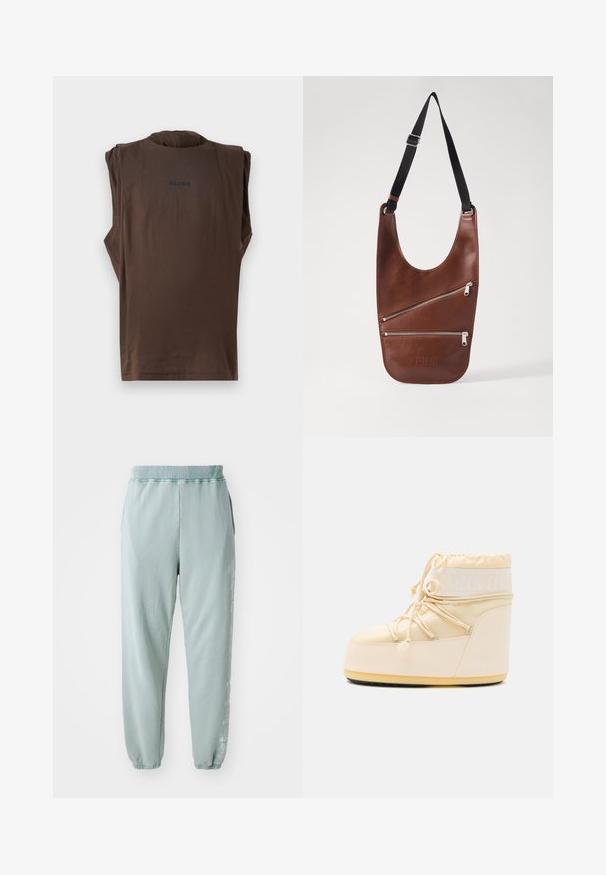 Ruskea hihaton toppi, joka on valmistettu pehmeästä kankaasta. Siinä on pyöreä kaula-aukko ja sana "SILENCE" painettuna selkään tummalla tekstillä.; Vaaleanvihreät collegehousut, jotka on valmistettu pehmeästä puuvillasta. Niissä on joustava vyötärö, sivutaskut ja hillitty painokuviointi yhdellä sääressä.; Keenot vaaleanbeige Moon Boot, jossa on pyöreä kärki, nyörityssuljenta ja teksturoitu kumipohja. Varustettu valkoisilla brändäyksillä ja sileillä synteettisillä materiaaleilla.; MM6 Maison Margiela FLAT SADDLE MINI BAG UNISEX - Olkalaukku - root brown