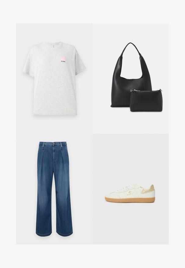 Svetlo siva kratkosleeva majica od pamuka, s malim grafičkim prikazom ružičaste kape i izvezenim tekstom "BE GOOD" u crnoj boji.; Široke traper hlače v srednji modri pranju. Imajo gumbasto zapiranje, dva sprednja nabora in kontrastni šiv. Mehka tekstura in gladka površina.; Replay PYPER W TRADE - Športni copati - white; Even&Odd Torbica - black