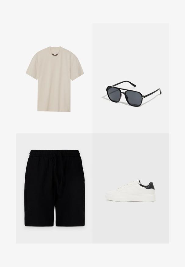 Beige lühikeste varrukatega T-särk, mis on valmistatud pehmest puuvillast, ümar kaelus, millel on musta kiri "Detroit" kaeluse lähedal.; Kerged mustad lühikesed püksid, mis on valmistatud kergest materjalist, elastse vöökoha ja nööriga, küljetaskudega ning mugava lõikega.; Valge nahast sneaker, millel on reljeefne muster, tekstureeritud valge vaheline tall ja must kannaaktsent. Omab ümarat nina ja lamedat paelavarrast.; Mustad mustad prillid oktaalpäistega, tumedad läätsed, läikiv viimistlus, õhukesed templid ja kuldsed aktsendid ees.