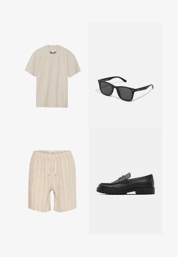 Beige lyhythihainen t-paita, joka on valmistettu pehmeästä puuvillasta. Mallissa on pyöreä kaula-aukko, ja kauluksen lähellä on mustalla käsinkirjoituksella "Detroit".; Vaaleanbeige puuvillahousut, joissa on pystysuorat raidat, joustava vyötärö, naru ja sivutaskut. Pehmeä rakenne ja rento muotoilu.; Musta nahkaloafers, joissa on pyöreä kärki, ommeltu pinta, matala alusta ja kuvioitu, kuminen ulkopohja.; Mustat muoviset aurinkolasit tummilla linsseillä. Neliönmuotoinen kehys, jossa on metalliset yksityiskohdat ja logo tempuran ulkopuolella.