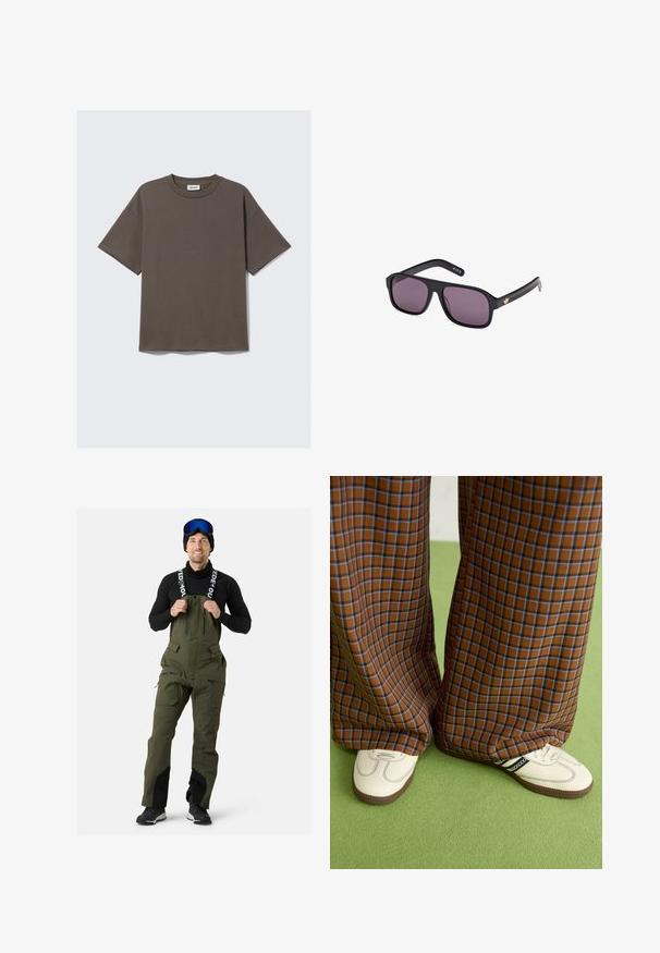 Dunkelgrünes Baumwoll-T-Shirt mit Rundhalsausschnitt, kurzen Ärmeln und lockerer Passform, mit einem Etikett, auf dem "WEEKDAY" steht.; Grüne wasserdichte Latzhosen mit verstellbaren Trägern, Frontreißverschluss, mehreren Reißverschlusstaschen und verstärkten schwarzen Akzenten an den Säumen.; Braun und blaue Karohosen mit weitem Bein, kombiniert mit weißen Schuhen mit schwarzen Akzenten und strukturierten Sohlen, vor einem grünen Hintergrund.; Schwarze Sonnenbrille mit quadratischem Rahmen, dunklen Gläsern und einem goldenen Logoakzent am Bügel. Glattes Kunststoffmaterial mit matter Oberfläche.