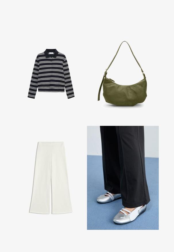 Polo cu mânecă lungă, de culoare bleumarin, cu dungi albe. Are un guler și o închidere cu trei butoane. Material moale, texturat.; Pantaloni albi cu croi larg, realizați dintr-un material neted. Aceștia au talie înaltă și nu au cusături vizibile, creând o siluetă elegantă.; Pantofi plat din silver și alb cu bretele încrucișate și detalii texturate, completate de pantaloni negri lejeri. Fundalul este un podea albastră.; Geantă de umăr din piele verde măsliniu, cu o formă curbată, închidere cu fermoar și curea reglabilă. Textură netedă cu accente minime din metal.