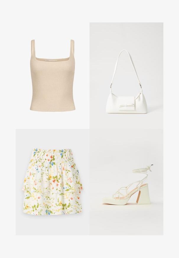 Beige bordázott top négyzet alakú nyakkivágással és vékony vállpántokkal, testhez simuló fazonnal és puha anyaggal. Márkajelzés látható.; Virágmintás szoknya ráncolt derékrésszel, fodros rétegekkel és fehér alapon zöld, piros és kék virágokkal.; Fehér, magassarkú szandál vastag sarokkal, pántos dizájnnal és bokapánttal. Sima textúra, elülső platformmal a megnövelt magasság érdekében.; Fehér szintetikus kézitáska, háromszög alakú, lapos előlap, masni részlettel, állítható pánttal, sima textúrával és minimalista dizájnnal.