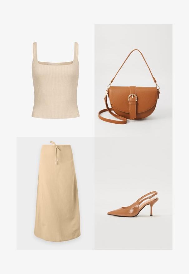 Top sin mangas de canalé color beige con escote cuadrado y tirantes finos, que presenta un diseño ajustado y una textura suave. Etiqueta de la marca visible.; Falda de lino beige con cintura ajustable, que presenta una textura suave y un dobladillo redondeado. Decorada con pequeñas cuentas decorativas en los lazos.; Zapato de tacón tipo slingback con punta afilada en un material suave y brillante de color marrón. Presenta un diseño con corte curvado y un tacón de aguja delgado. Detalle de hebilla plateada.; Bolso bandolera de cuero marrón con forma curvada, herrajes dorados y un acento de hebilla. Incluye una correa de hombro desmontable.