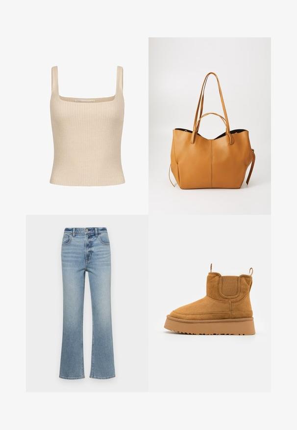 Beżowy prążkowany top bez rękawów z kwadratowym dekoltem i cienkimi ramiączkami, o dopasowanym kroju i miękkiej fakturze. Widoczna metka marki.; Jasnoniebieskie dżinsy w kształcie dzwonów, wykonane z denimu, z wysokim stanem, pięcioma kieszeniami i subtelnym zafarbowaniem. Brzegi są lekko postrzępione.; Brązowy zamszowy botek sięgający kostki z fakturowaną cholewką, elastycznymi panelami bocznymi i grubą gumową podeszwą z wyraźnym wzorem bieżnika.; Torebka tote w kolorze tan z teksturowanym wykończeniem, szerokim otwarciem i dwoma długimi uchwytami. Posiada prosty design i minimalną ilość okuć.