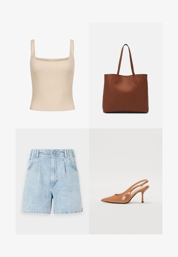 Beige bordázott top négyzet alakú nyakkivágással és vékony vállpántokkal, testhez simuló fazonnal és puha anyaggal. Márkajelzés látható.; Világoskék farmer rövidnadrág magas derékkal, elülső pliszékkel, két oldalsó zsebel és gombos záródással. Puha, texturált anyag.; Fingerszűk, hegyes orrú, háttámlás sarokcipő sima, fényes barnás anyagból. Íves kivágású dizájn és karcsú stiletto sarkú. Ezüst csattal ellátva.; Barna bőr vászontáska sima textúrával, nyitott tetejű dizájnnal és két vállpánttal. Minimális varrással és látható hardver nélkül készült.
