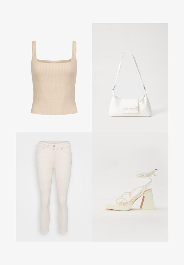 Beige bordázott top négyzet alakú nyakkivágással és vékony vállpántokkal, testhez simuló fazonnal és puha anyaggal. Márkajelzés látható.; Krém színű, skinny farmernadrág, rojtos szegéllyel. Denim anyagból készült, klasszikus öt zsebes kialakítással és elülső gombos záródással.; Fehér, magassarkú szandál vastag sarokkal, pántos dizájnnal és bokapánttal. Sima textúra, elülső platformmal a megnövelt magasság érdekében.; Fehér szintetikus kézitáska, háromszög alakú, lapos előlap, masni részlettel, állítható pánttal, sima textúrával és minimalista dizájnnal.