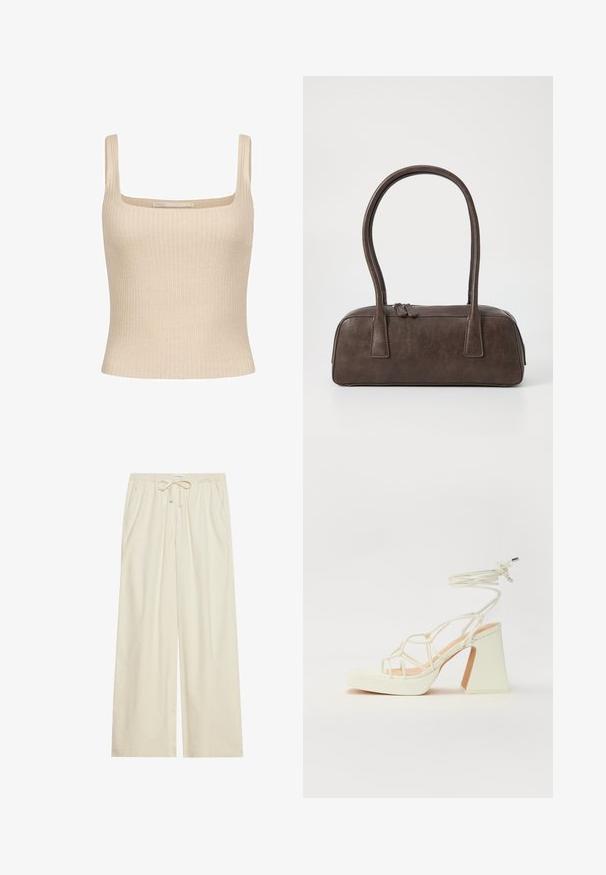 Bež prugasti top s kvadratnim izrezom i tankim naramenicama, koji ima prilagođeni dizajn i meku teksturu. Vidljiva oznaka brenda.; Svijetlosmeđi široki hlače s gumicom u struku i vezicom, sa bočnim džepovima i teksturiranim materijalom.; Bijela sandala na visokoj potpetici s debelim petom, s remenom i vezanjem oko gležnja. Glatka tekstura s platformom sprijeda za dodatnu visinu.; Smeđa kožna torba s dvije čvrste ručke, pravokutnog oblika, glatke teksture i zatvaranjem na zatvarač. Minimalistički dizajn bez vidljivih uzoraka.