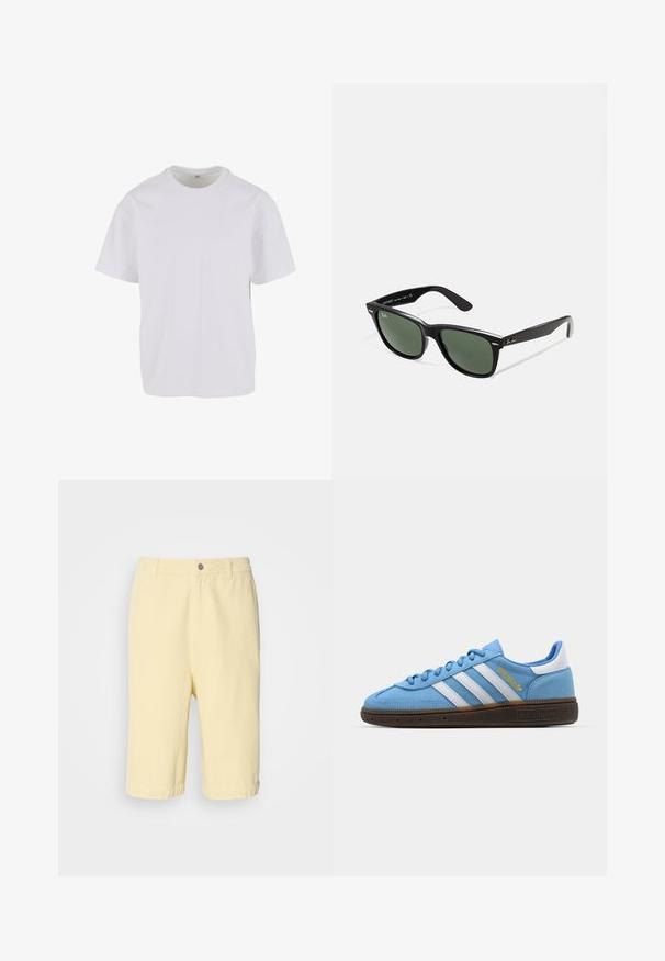 Biele tričko s krátkym rukávom vyrobené z mäkkej bavlny, s okrúhlym výstrihom a voľným strihom s rovnými okrajmi. Bez viditeľných vzorov alebo akcentov.; Žlté bavlnené šortky so striedmym strihom, s predným zapínaním na gombík a ohnutým lemom. Hladká textúra, neformálny dizajn.; Svetlomodré semišové tenisky s bielymi koženými pruhmi, hnedou štruktúrovanou podrážkou a zlatým logom. Nízky strih s okrúhlou špičkou.; Čierne plastové slnečné okuliare so zelenými šošovkami, štvorcové rámy, strieborný akcent na obočí a textúrované ramenné opierky. Brand uvedený na vnútornej strane ramien.