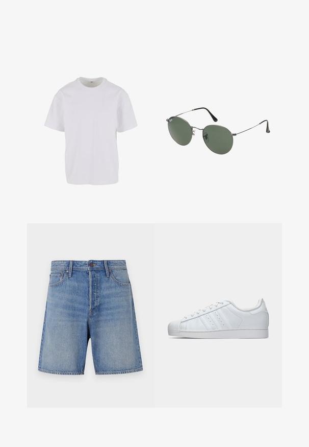 Hvid T-shirt med korteærmer lavet af blødt bomuld, med rund halsudskæring og en afslappet pasform med lige kant. Ingen mønstre eller detaljer synlige.; Lysblå denimshorts med høj talje, traditionelt fem-lomme design og kontrasterende syninger langs sømmene.; Hvide lædersneakers med en struktureret gummitoekappe, tre sidelængdebånd og en polstret krave. Flade hvide snørebånd og et minimalistisk design.; Metalrammede solbriller med ovale grønne linser. Tynd sølvmetalramme og sorte ørepropper. Minimalistisk design, ingen synlige logoer.