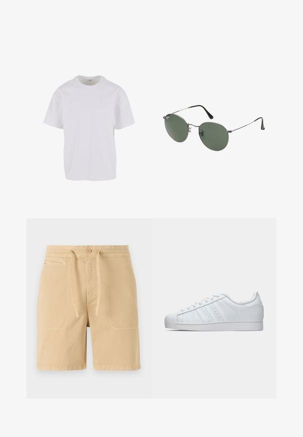 T-shirt blanc à manches courtes en coton doux, avec un col rond et une coupe décontractée à ourlet droit. Aucun motif ni accent visible.; Shorts beiges en coton, avec une taille à cordon, des poches avant et des coutures visibles. Design simple et décontracté.; Baskets en cuir blanc avec un embout en caoutchouc texturé, trois bandes sur le côté et un col rembourré. Lacets blancs plats et design minimaliste.; Lunettes de soleil en métal avec des verres ovales verts. Monture en métal argenté mince et embouts d'oreille noirs. Design minimaliste, sans logos visibles.