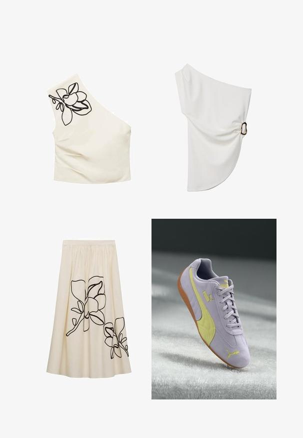 Asymetrický krémový top s jedním ramínkem. Na rameni má černou květinovou výšivku. Hladká látka s přiléhavým střihem.; Bílá blůza s odhalenými rameny vyrobená z hladkého materiálu, s nařaseným detailem a kovovým kroužkem na jedné straně.; Krémová sukně s černým květinovým výšivkou, s nabíraným pasem a splývavým designem, vyrobena z lehké látky.; Světle fialové semišové tenisky se žlutými akcenty, texturovanou boční částí, šněrovacím designem a gumovou podrážkou. Logo Puma na boku.