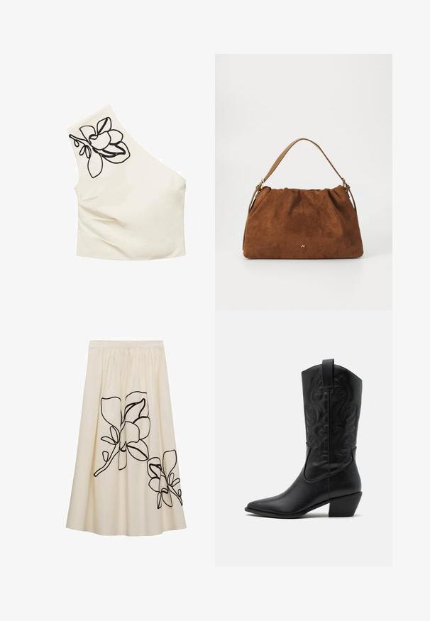 Asymmetrisches cremefarbenes Oberteil mit einem einzigen Träger. Mit schwarz floralem Stickerei auf der Schulter. Glatte Stoffqualität mit taillierter Passform.; Cremefarbener Rock mit schwarzer Blumenstickerei, ausgestattet mit einem gerafften Bund und fließendem Design, aus einem leichten Stoff gefertigt.; Schwarze Leder-Cowboy-Stiefel mit spitzem Zeh, geprägten, wirbelnden Mustern und einem mittelhohen Absatz. Mit einem Zuglasche für einfaches An- und Ausziehen.; Braune Wildlederhandtasche mit einem gerafften Design, ausgestattet mit einem einzelnen hellbraunen Ledertragegurt und einem subtilen goldenen Logo-Detail auf der Vorderseite.