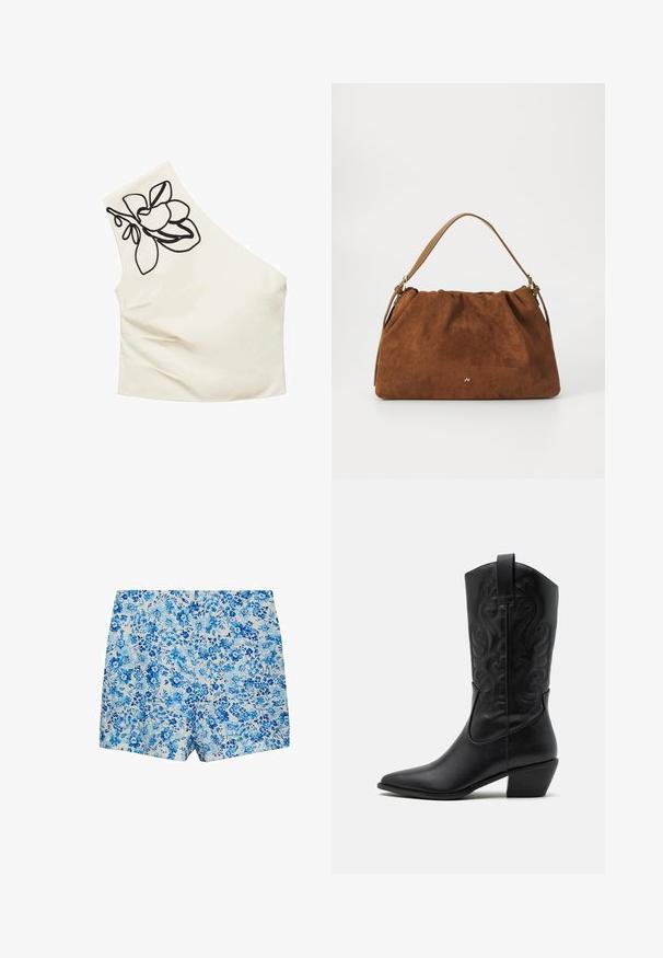 Asymetrický krémový top s jedným ramienkom. Na ramene má čiernu kvetinovú výšivku. Hladká tkanina s priliehavým strihom.; Dámske šortky s priamym strihom a vysokým pásom s modro-bielym kvetinovým vzorom.; Čierna kožená kovbojská čižma s špicatou špičkou, embosovanými vírivými vzormi a stredne vysokým opätkom. Obsahuje pútko pre jednoduché obúvanie.; Hnedá semišová kabelka s nariaseným dizajnom, s jedným koženým remienkom v svetlohnedej farbe a jemným zlatým logom na prednej strane.