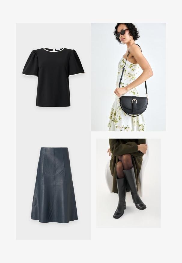 Juodas trumpas rankovės bluzonas su pūstomis rankovėmis ir baltu apvadu ant dekoleto bei rankovių kraštų, su užsegimu ant nugaros.; Tamsiai mėlyna odinė sijonas su išplėsta siluetu, turintis panelių siuvinėjimą ir lygų paviršių. Kelio ilgio dizainas.; Juodos odinės pradžios ilgio bateliai su kvadratu formos nosimi ir bloko kulnu, demonstruojami su modeliu, sėdinčiu alyvuogių žalios spalvos švarku. Lygi tekstūra, minimalus puošimas.; Juodas odinis krepšys su išlenkta forma, nuimamu dirželiu ir auksiniais detalėmis. Krepšys turi kilpą su sagtimi.