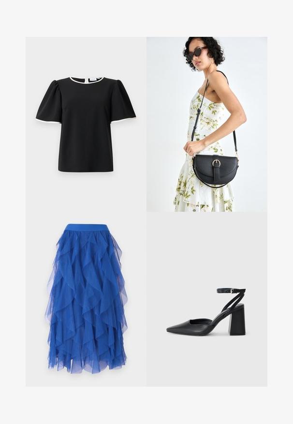 Czarna bluzka z krótkim rękawem i bufkami, z białym wykończeniem dekoltu i krawędzi rękawów, z zapięciem na guziki z tyłu.; Niebieska, warstwowa spódnica z tiulu o falistym wzorze, z szerokim paskiem w talii i miękką, przezroczystą fakturą. Falbany nadają jej obfity wygląd.; Czarne skórzane czółenka z ostrym noskiem, z paskiem na kostce i grubym obcasem. Gładka faktura, elegancki design i minimalistyczna estetyka.; Czarna skórzana torebka o zakrzywionym kształcie, z odpinanym paskiem i złotymi akcentami. Torebka posiada klapę z zapięciem w kształcie klamry.