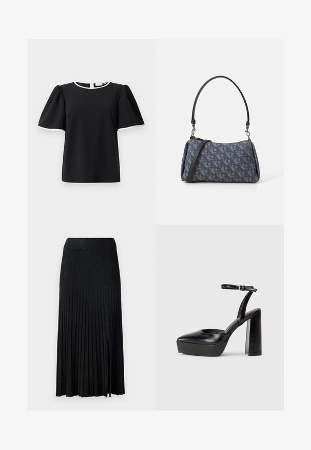 Blusa preta de mangas curtas com mangas bufantes e acabamento em branco no decote e nas bordas das mangas, apresentando um fecho traseiro com botão.; Saia midi preta plissada com cintura canelada, apresentada em tecido texturizado, fenda lateral e linhas verticais por todo o design.; Saltos altos pretos com bico fino e atilho ajustável no tornozelo. Confeccionados em couro suave, apresentam um salto bloco robusto.; Bolsa de padrão azul feita de tecido, com um formato curvo, alça de couro preto e design de logotipo em uma tonalidade mais clara.