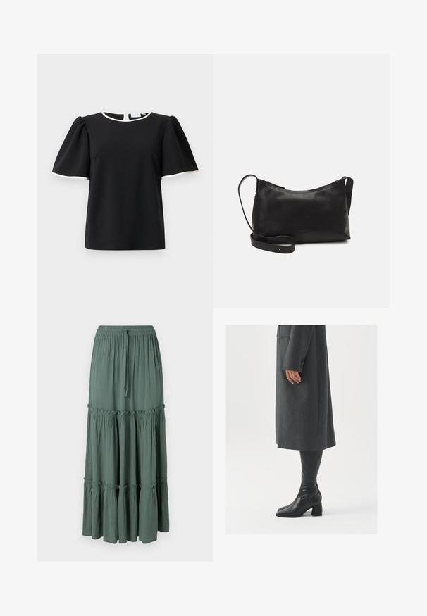 Zwarte blouse met korte mouwen, opgeblazen mouwen en witte bies op de halslijn en randen van de mouwen, met een sluiting met knopen aan de achterkant.; Lange, gelaagde rok in gedempt groen. Gemaakt van lichte stof met een elastische tailleband en trekkoord, met rimpelaccenten bij de naden.; Grijze, op maat gemaakte overjas met een rechte snit; gecombineerd met kniehoge zwarte leren laarzen met een vierkante neus en chunkyerand.; Zwarte leren schoudertas met een gladde textuur, gebogen vorm, verstelbare schouderband en een ritsafsluiting. Minimalistisch ontwerp zonder versieringen.