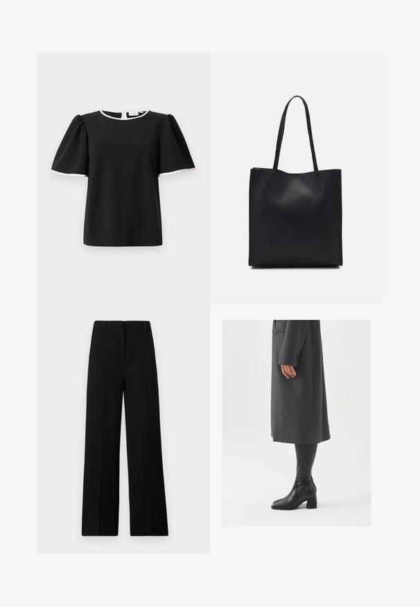 Crna bluzica kratkih rukava s napuhanim rukavima i bijelim detaljima na izrezu i rubovima rukava, s kopčanjem na dugmad na leđima.; Crne hlače širokih nogavica od glatke tkanine, ravnog prednjeg dijela i čistog struka s petljama za remen, bez vidljivih džepova ili ukrasa.; Sivi, krojeni kaput ravnog kroja; uparen s crnim kožnim čizmama do koljena koje imaju četvrtasti vrh i debeli potplat.; Crna kožna torba za nošenje s glatkom teksturom, pravokutnim oblikom i dvije duge ručke. Nema vidljivih metalnih dijelova ili ukrasa.