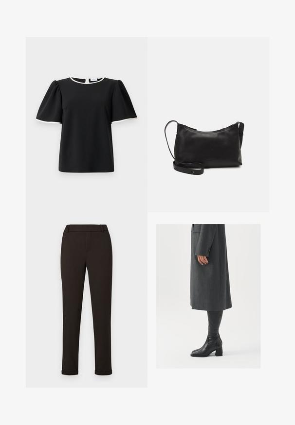 Melna īsām piedurknēm blūze ar pūkainām piedurknēm un baltiem apmalēm apkaklē un piedurkņu malās, ar aizmugurējo pogu aizdari.; Melnas pieguļošas bikses ar jostas cilpām un apakšā atlocītām kulītēm uz vienkārša baltā fona.; Pelēks, pielāgots mētelis ar taisnu griezumu; kombinēts ar melniem ādas zābakiem līdz ceļiem, kuriem ir kvadrāta formas purngals un masīla dūre.; Melna ādas plecu soma ar gludu tekstūru, izliekta forma, regulējama siksna un rāvējslēdzēja aizdare. Minimālistisks dizains bez rotājumiem.