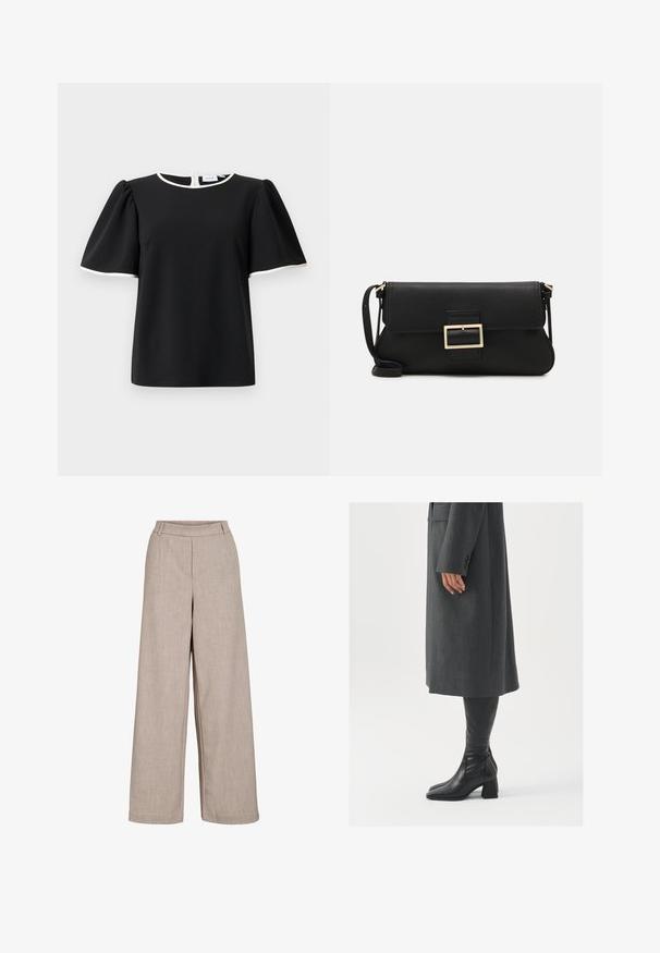 Fekete rövid ujjú blúz puffos ujjal, fehér díszítéssel a nyakkivágás és az ujjak szélén, hátul gombos záródással.; Beige széles szárú nadrág könnyű anyagból. Simás textúrával, elasztikus derékkal és oldalsó zsebekkel rendelkezik a funkcionális részletekért.; Szürke, szabott overál, egyenes vonallal; térd fölé érő fekete bőrcsizmákkal párosítva, négyzetes orral és vastag sarokkal.; Fekete bőr kézitáska hajtóka részlettel és aranyszínű fém csattal. Tartalmaz egy fekete pántot és egy letisztult, minimális dizájnt.