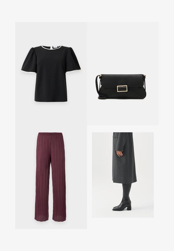 Crna bluzica kratkih rukava s napuhanim rukavima i bijelim detaljima na izrezu i rubovima rukava, s kopčanjem na dugmad na leđima.; Nabrane hlače u tamnoj burgundi s elastičnim pojasom, s lepršavim, širokim nogavicama i vertikalnim naborima kroz cijelu dužinu.; Sivi, krojeni kaput ravnog kroja; uparen s crnim kožnim čizmama do koljena koje imaju četvrtasti vrh i debeli potplat.; Crna kožna clutch torbica s preklopom i zlatnim metalnim detaljem kopče. Uključuje crnu trakicu i elegantan, minimalistički dizajn.