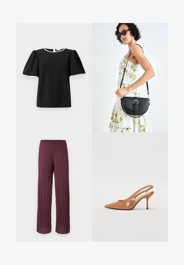 Črna bluzica s kratkimi rokavi in puffastimi rokavi, z belim obrobo na izrezu in robovih rokavov, ki ima na hrbtni strani gumbasto zapiranje.; Plisse hlače v temno burgundski barvi z elastičnim pasom, ki se ponašajo z lahkotnim širokim krojem in vertikalnimi gubami po celotni dolžini.; Slinčaste pete z ostro konico v gladkem, sijočem bež materialu. Imajo ukrivljen rez in vitko stiletto peto. Podrobnost s srebrno zaponko.; Črna usnjena torbica s ukrivljeno obliko, z odstranljivo naramnico in zlatimi dodatki. Torbica ima pokrov s podrobnostmi v obliki zaponke.