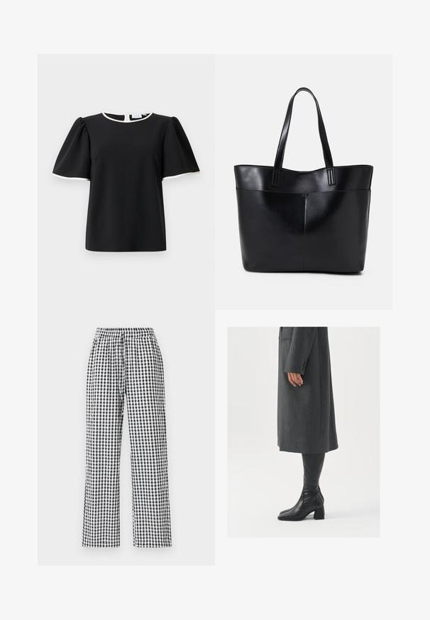 Must musterkäistega lühikesed varrukad, valge äärega kaelus ja varruka servad, tagant nupuga kinni. ; Mustrist mustriga mustriga püksid, millel on lõdvestatud istuvus, elastne vöökoht ja tõmbepaela detail. Kanga pind on sile.; Hallhalline, kohandatud ülikond jakk sirge lõikega; kombineeritud kuni põlveni ulatuvate mustade nahast saapadega, millel on nelinurkne varvas ja paks konts.; Must mustaga musta nahast, millel on kaks pikka kanda, sile tekstuur ja struktureeritud kuju. Esipoolsel on lisakoti jaoks tasku.