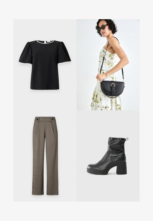 Schwarze Bluse mit kurzen Puffärmeln und weißem Saum am Halsausschnitt und den Ärmelsäumen, mit einer Knopfschließe auf der Rückseite.; Braune Hosen mit Karomuster und hoher Taille, ausgestattet mit seitlichen Falten und schwarzen Knopf-Akzenten. Hergestellt aus einem strukturierten Gewebe.; Schwarze Stiefeletten aus glattem Leder mit seitlichem Reißverschluss, klobigem strukturiertem Absatz und runder Zehenform.; Schwarze Lederhandtasche mit geschwungener Form, abnehmbarem Tragegurt und goldenen Beschlägen. Die Tasche verfügt über einen Deckel mit einer Schnallen-Details.