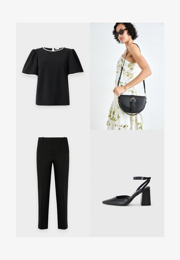 Svart kortärmad blus med puffärmar och vit kant vid halsringningen och ärmkanterna, med knäppning på ryggen.; Svarta byxor med slim fit, med flat front, sidofickor och en slät textur. Designade med hög midja och avsmalnande ben.; Svart läderpumps med spetsig tå, ankelrem och kraftig klack. Slät textur, stilren design och minimalistisk estetik.; Svart läderhandväska med en böjd form, avtagbar rem och guldiga detaljer. Väskan har ett lock med en spänndetalj.
