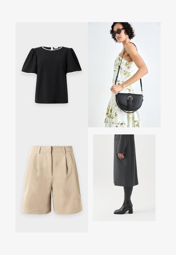 Czarna bluzka z krótkim rękawem i bufkami, z białym wykończeniem dekoltu i krawędzi rękawów, z zapięciem na guziki z tyłu.; Beżowe szorty o wysokim stanie, z dopasowanym krojem, z pętlami na pasek, fałdami z przodu i ukrytym zapięciem na przodzie na białym tle.; Szary, dopasowany płaszcz o prostym kroju; zestawiony z czarnymi skórzanymi kozakami do kolan z kwadratowym noskiem i grubym obcasem.; Czarna skórzana torebka o zakrzywionym kształcie, z odpinanym paskiem i złotymi akcentami. Torebka posiada klapę z zapięciem w kształcie klamry.