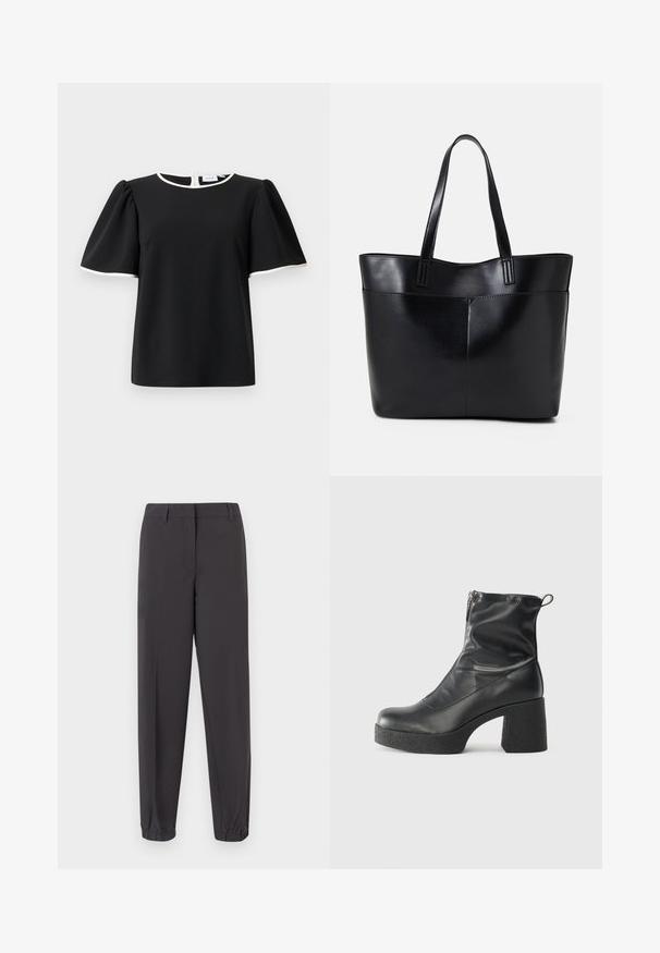 Bluză neagră cu mânecă scurtă, cu mâneci bufante și margine albă la guler și la marginea mânecilor, având închidere cu buton la spate.; Pantaloni gri închis dintr-un material neted, cu o formă conică, manșete elastice și buzunare frontale cu un finisaj rafinat.; Bocanci negri de glezna din piele netedă, cu fermoar lateral, toc texturat și masiv, și design cu vârf rotund.; Geantă oversized din piele neagră, cu două mânere lungi, de textură netedă și formă structurată. Are un buzunar frontal pentru stocare suplimentară.