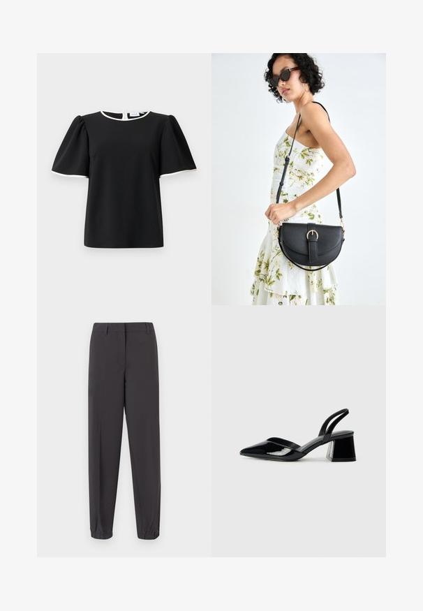 Black short-sleeve blouse with puffed sleeves and white trim on neckline and sleeve edges, featuring a back button closure.; Dark gray trousers made of smooth fabric, featuring a tapered shape, elastic cuffs, and front pockets with a refined finish.; Black patent leather slingback heels with a pointed toe and a geometric block heel. Features a sleek, minimal design and smooth texture.; Black leather handbag with a curved shape, detachable strap, and gold hardware. The bag features a flap with a buckle detail.