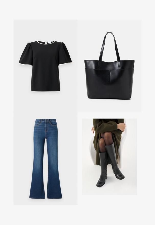 Blusa preta de mangas curtas com mangas bufantes e acabamento em branco no decote e nas bordas das mangas, apresentando um fecho traseiro com botão.; Jeans de ganga flare feitos de tecido de algodão de peso médio, apresentando um tom azul profundo, costuras contrastantes e um design tradicional de cinco bolsos.; Botas de couro pretas até ao joelho com biqueira quadrada e salto em bloco, apresentadas com um modelo sentado num casaco verde-azeitona. Textura lisa, com detalhes mínimos.; Bolsa tote preta em couro com duas alças longas, textura suave e forma estruturada. Apresenta um bolso frontal para armazenamento adicional.