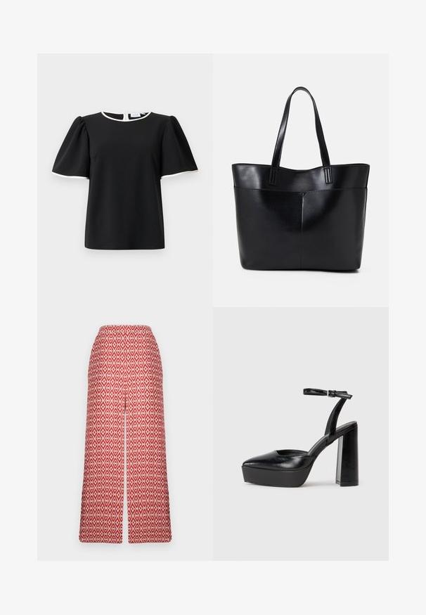 Čierna blúzka s krátkym rukávom, s vypúknutými rukávmi a bielym lemom na výstrihu a okrajoch rukávov, s gombíkovým zapínaním na chrbte.; Červené vzorované culottes s diamantovým vzorom, elastickým pásom a širokým strihom na pohodlie a voľnosť pohybu.; Čierne platformové podpätky so špicatou špičkou a nastaviteľným členkovým remienkom. Vyrobené z hladkej kože a so robustným blokovým podpätkom.; Čierna kožená tote taška s dvoma dlhými rúčkami, hladkým povrchom a štruktúrovaným tvarom. Obsahuje prednú kapsu pre dodatočné uskladnenie.