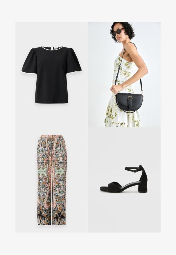 Musta lyhythihainen paita, jossa on puffihihat ja valkoinen reuna kauluksessa ja hihojen reunassa, varustettuna takanapituksella.; Suurreunaiset housut, jotka esittävät värikästä kukkapaikallista kuviota mustalla taustalla, kuminauhavyötäröllä ja rentoa istuvuutta.; Mustat mokkasaappaat, joissa on ohut nilkkaremmi, avoin varvasmuotoilu ja hillitty loivakulmainen korko. Sileä pinta ja vähäiset yksityiskohdat.; Musta nahkainen käsilaukku, joka on kaareva muotoilultaan, irrotettavalla hihnalla ja kultaisilla yksityiskohdilla. Laukussa on läppä, jossa on solk yksityiskohta.