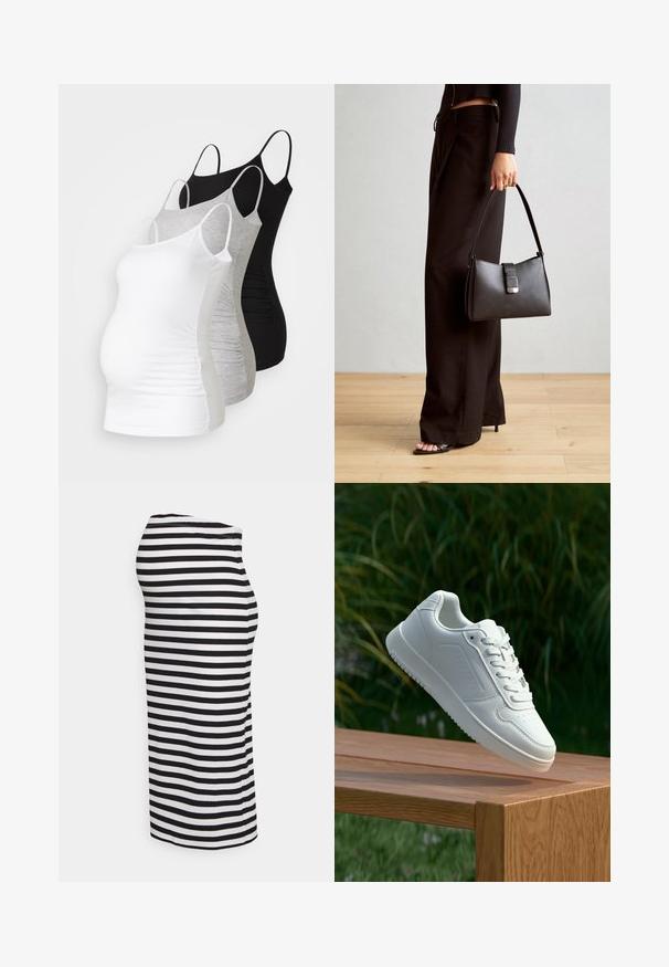 Tričko s dlhým rukávom pre tehotné ženy v bielej, šedej a čiernej farbe. Elastický materiál s nastaviteľnými ramienkami a zberanými bočnými švami pre pohodlie.; Čierno-bielé pruhované midi šaty s ryhovanou textúrou, priliehavým strihom a zaobleným výstrihom. Bočný pohľad efektívne ukazuje dizajn.; Biele tenisky s hladkým syntetickým zvrškom, perforovanou špičkou, plochými šnúrkami a textúrovanou podrážkou, vystavené na drevenej ploche.; Čierna kabelka so štruktúrovaným tvarom, hladkou textúrou a kovovou sponou. V kombinácii so širokými čiernymi nohavicami a sandálmi s otvorenou špičkou na drevenej podlahe.