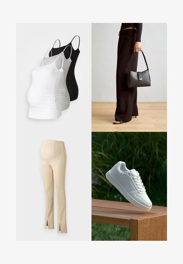 Három kismama tank top fehér, szürke és fekete színben. Rugalmas anyag, állítható pántokkal és beszegett oldals seams, hogy kényelmes viseletet biztosítson.; Beige bordázott leggingsek, amelyek illeszkedő kialakítással, függőleges varratokkal és oldalsó hasítékokkal rendelkeznek a szegélyen, hogy fokozzák a részleteket és a textúra változatosságát.; Fehér sportcipő sima szintetikus felsőrésszel, perforált lábujjrész, lapos fűzőkkel és texturált talppal, fából készült felületen kihelyezve.; Fekete kézi táska strukturált formával, sima textúrával és fémből készült záródással. Széles fekete nadrággal és nyitott orrú szandállal párosítva, fából készült padlón.