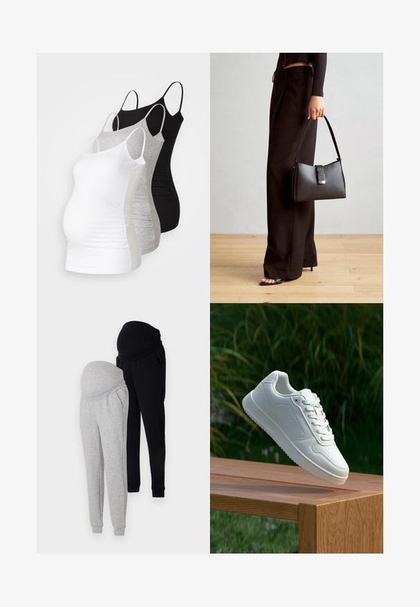 Trei topuri de maternitate fără mâneci, în alb, gri și negru. Material elastic cu bretele subtiri ajustabile și cusături laterale pliate pentru confort.; Două perechi de pantaloni jogger pentru maternitate: una gri și una neagră, ambele cu talie elastică, buzunare și picioare tapered. Material ușor.; Sneaker alb cu un upper sintetic neted, cu vârf perforat, șireturi plate și o talpă texturată, expus pe o suprafață de lemn.; Genți negre cu o formă structurată, textură netedă și un închizător metalic. Asortată cu pantaloni negri largi și sandale cu vârf deschis pe un podea din lemn.