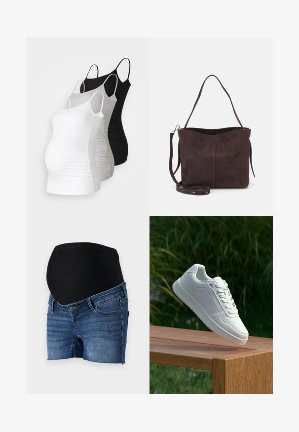 Três tops de maternidade sem mangas em branco, cinza e preto. Tecido elástico com alças ajustáveis e costuras laterais franzidas para maior conforto.; Calções de maternidade em denim com um cós preto elástico, apresentando tecido em denim azul, design ajustado e aberturas de perna desfiadas.; Sapatilha branca com um cabedal sintético liso, caixa dos dedos perfurada, atacadores planos e uma sola texturizada, exposta sobre uma superfície de madeira.; Saco tote em camurça castanha com uma textura suave, apresentando uma única alça de ombro e uma abertura superior levemente curvada. Sem detalhes de hardware visíveis.