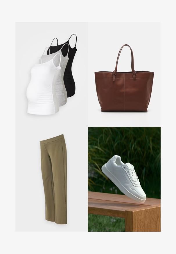Drie zwangerschaps tanktops in het wit, grijs en zwart. Rekbare stof met verstelbare spaghettibandjes en geplooide naden aan de zijkanten voor extra comfort.; Olijfgroene, wijde broek van zachte stof, met een soepele tailleband en minimale naden voor een strakke uitstraling.; Witte sneaker met een gladde synthetische bovenkant, geperforeerde neus, platte veters en een gestructureerde zool, tentoongesteld op een houten oppervlak.; Bruine leren tote bag met dubbele handvatten, heeft contrasterende stiksels en een ruime indeling, geschikt voor dagelijks gebruik.