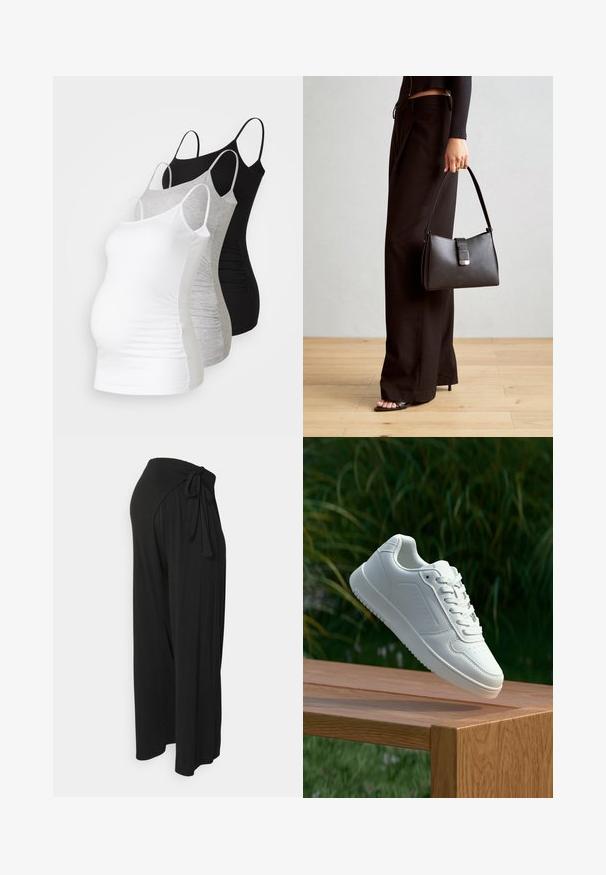 Kolm emme tank topi valges, hallis ja mustas värvitoonis. Veniv kangas, reguleeritavad õhuke rihmad ja mugavuse tagavad volditud külgseemed.; Mustad laiad püksid, mis on tehtud pehmest kangast, kõrge sõlme vöökoht ja sile tekstuur, elegantse langusega.; Valged sneakerd, millel on sile sünteetiline ülemine osa, väikeste aukudega varvaskast, lamedad paelad ja tekstuuriga tald, eksponeeritud puidust pinnal.; Must musta kott, millel on struktureeritud kuju, sile tekstuur ja metallist klamber. Kombineeritud laiate mustade pükstega ja avatud varvaste sandaalidega puidust põrandal.