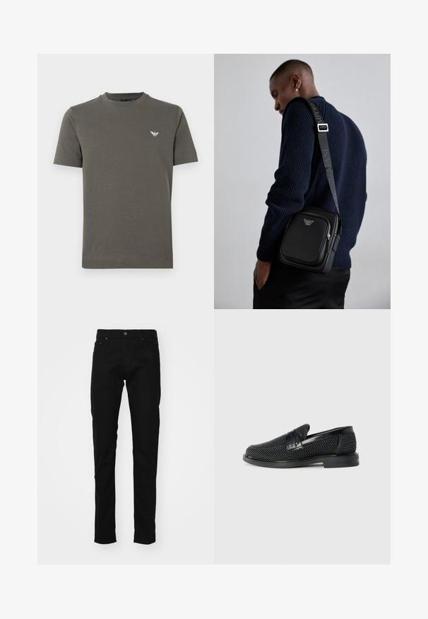 Olivgrön bomulls-T-shirt med rund halsringning, korta ärmar och en liten vit logotyp på vänster bröst. Mjuk textur, minimalistisk design.; Svarta jeans i denim med slim fit, med en klassisk femfickorsdesign, metallknapp och sömnadsdetaljer på fickorna.; Svart vävd slip-on sko med en slät läderdetalj på ovansidan, med rund tådesign och en låg gummisula.; Svart läder crossbody-väska med ett zippered fack, logodetalj och en justerbar axelrem med märke. Bärs mot en strukturerad marinblå tröja.